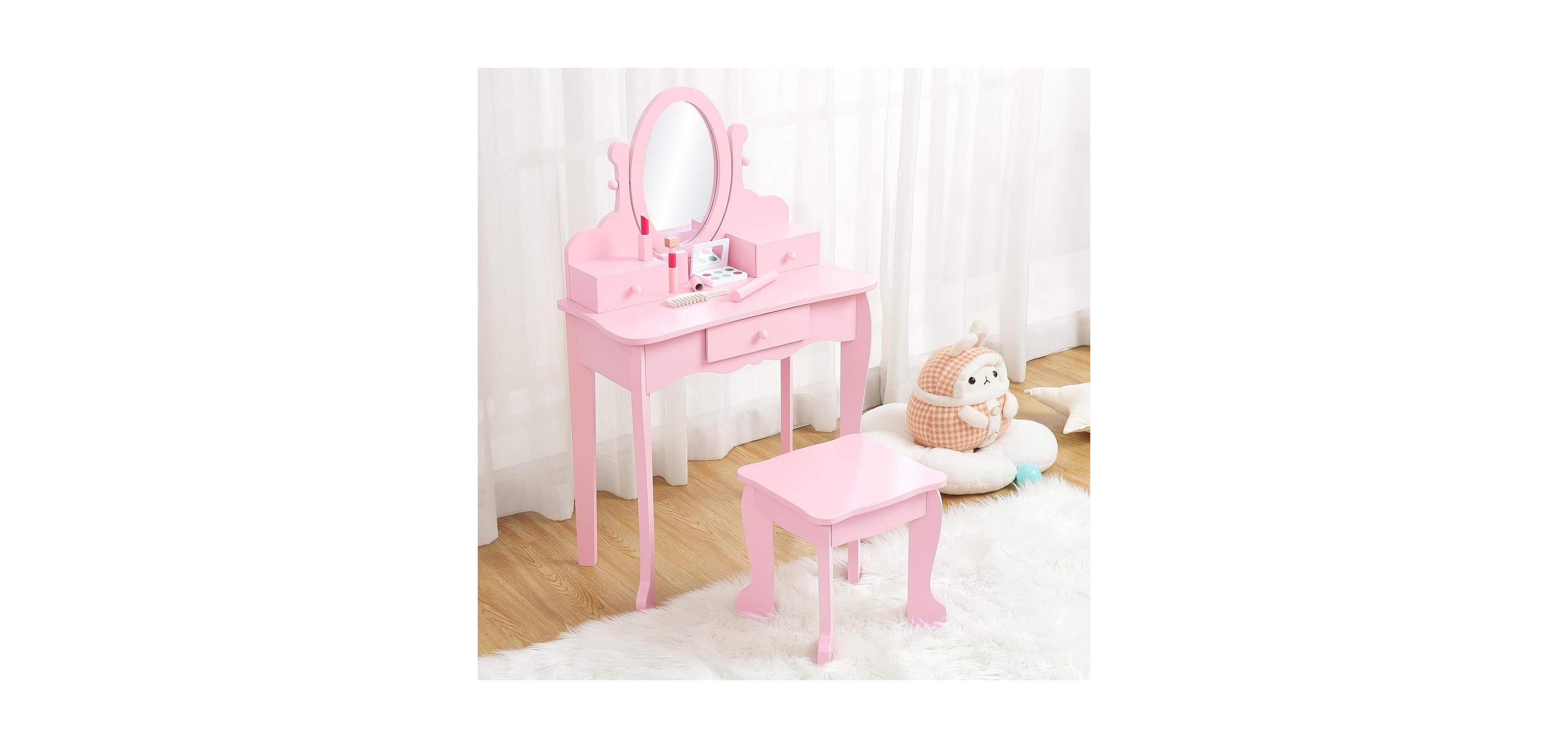 Gaomon Pink Girls Makeup Vanity Set, Fun Pretend Dress-Up Playset with Matching Stool