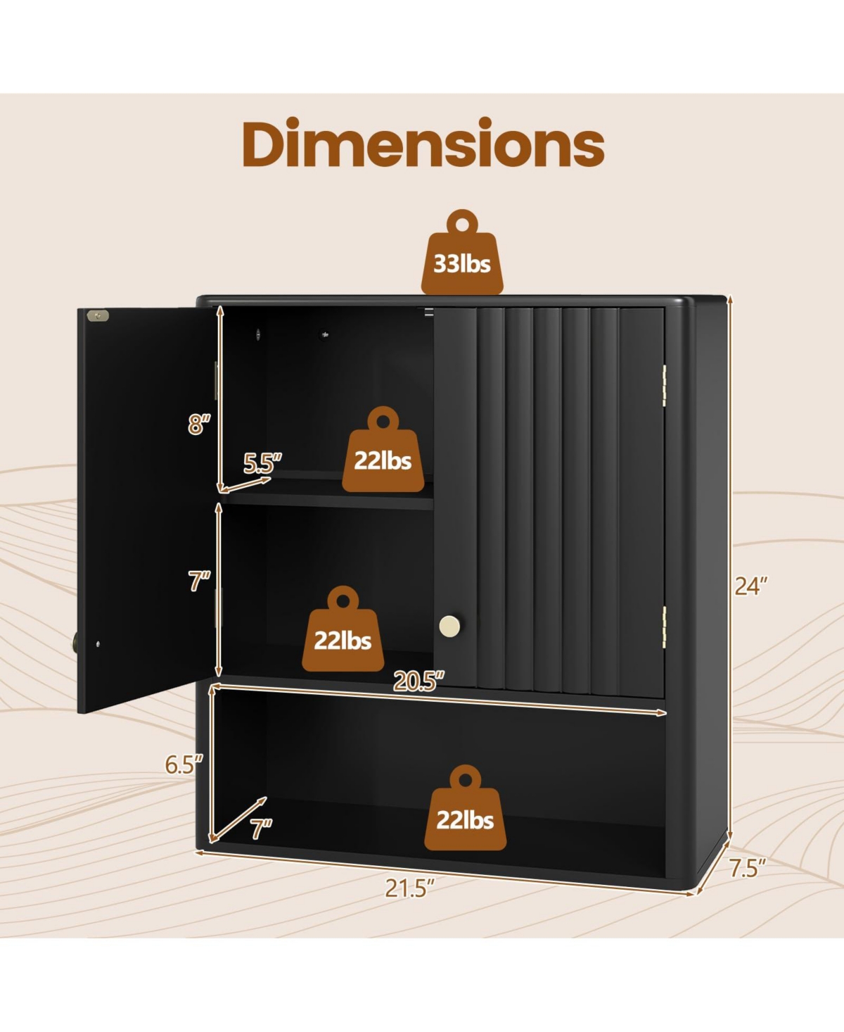 Volenca Fluted Bathroom Wall Cabinet with Open Shelf, Space-Saving Storage