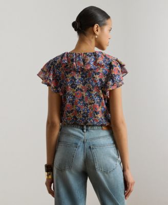 Women's Floral Ruffle Trim V-Neck Blouse