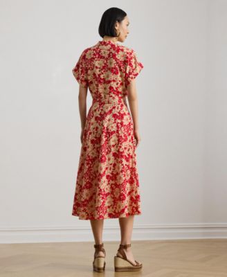 Women's Floral Belted Spread Collar Dress