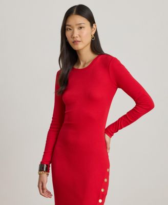 Women's Button-Trim Ribbed Round Neck Dress