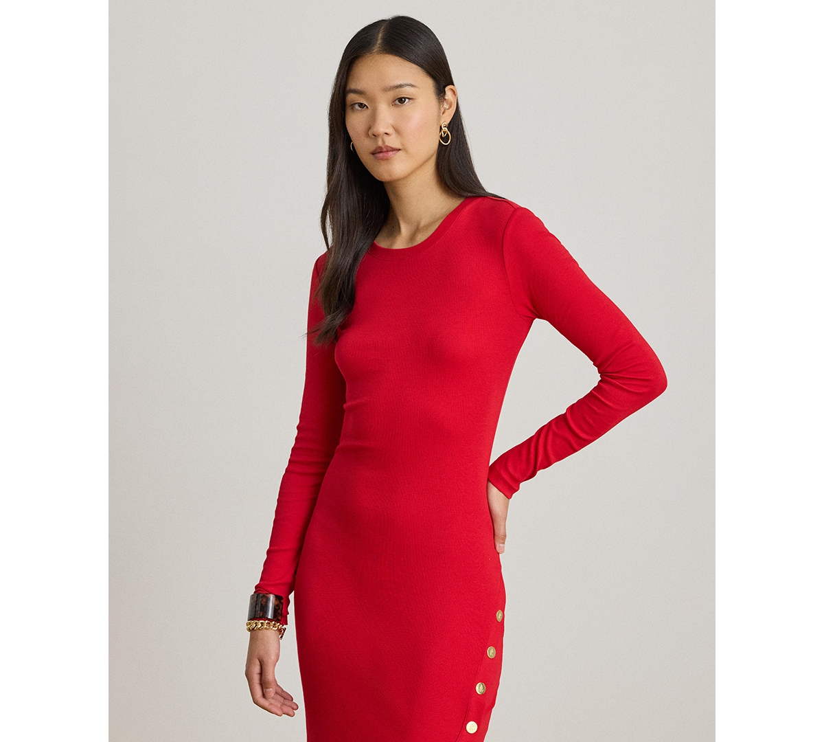 Lauren Ralph Women's Button-Trim Ribbed Round Neck Dress