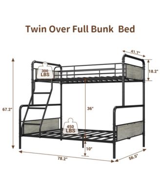 Bunk Bed Twin Over Full with High Guardrail and Ladder, Convertible Metal Bunk Beds