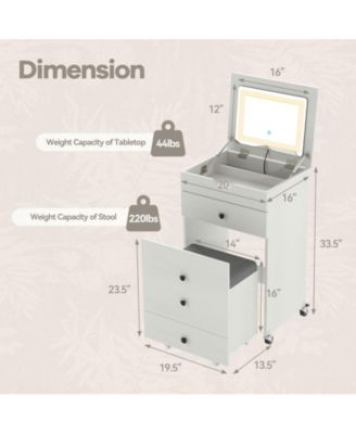 3-in-1 Small Vanity Set with Flip-Top Lighted Mirror, Drawers, and Stool