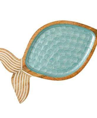 Seaside Fish-Shaped Acacia Wood & Enamel Serving Platter