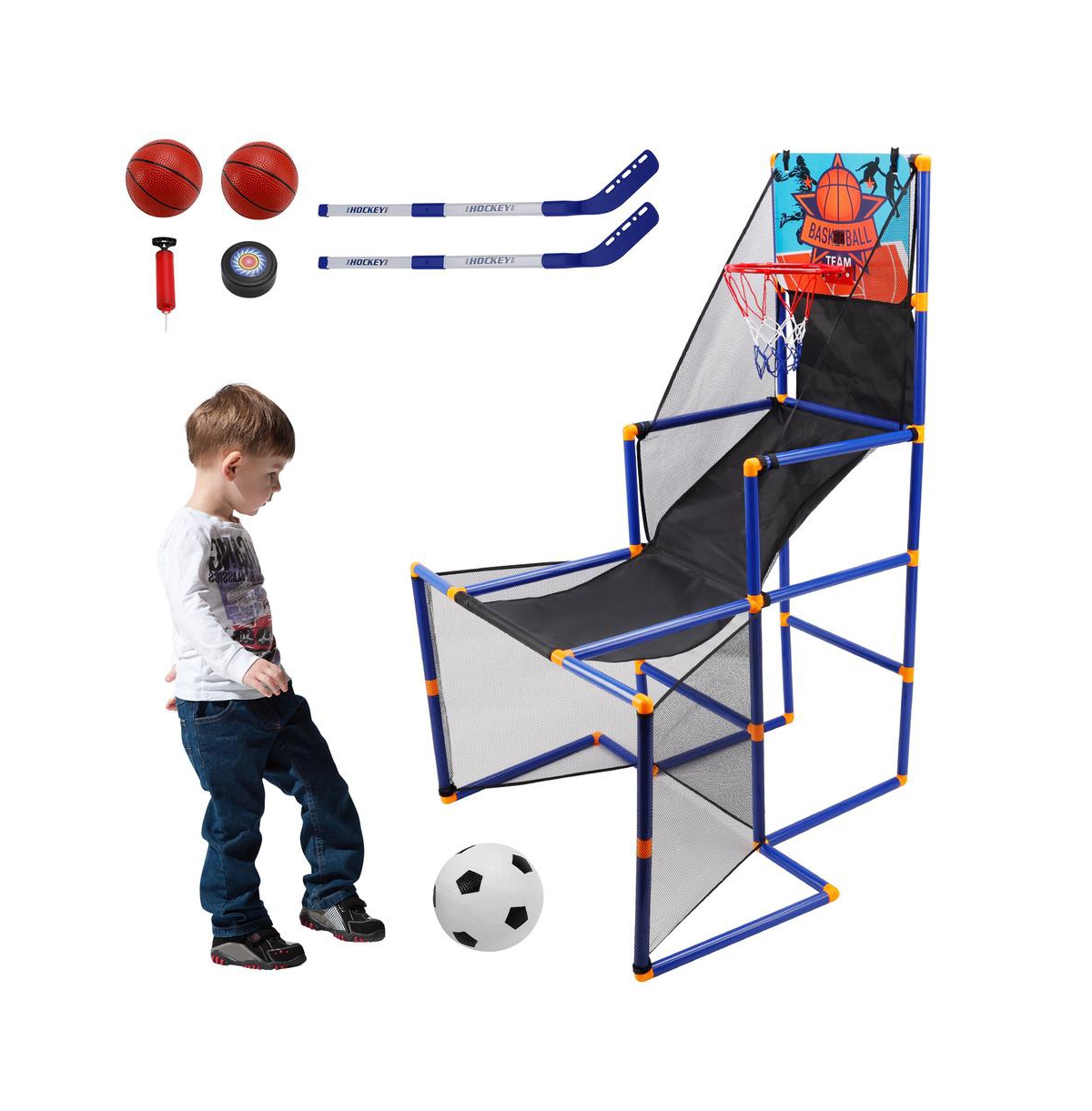 Bruce & Shark Kids 3-in-1 Sports Set - Basketball, Soccer & Hockey Game Center with Scoreboard