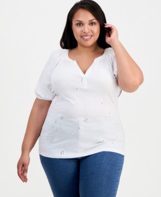 Plus Size Short-Sleeve Eyelet Top