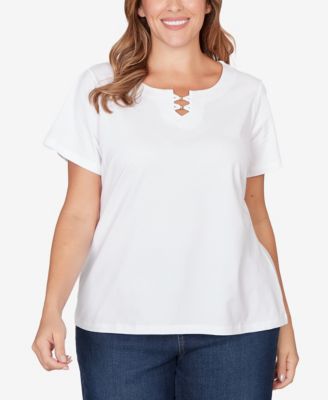 Plus Size Solid Short Sleeve Beaded Neck Top