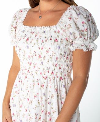 Juniors' Textured Floral Printed Puff-Sleeve Midi Dress