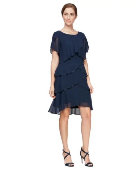 Petite Bugle Bead Tiered Cocktail Dress - New Navy