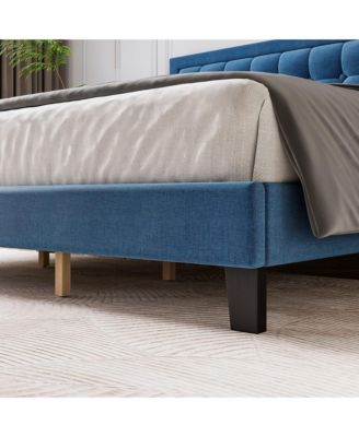 Platform Bed Frame with Upholstered Button Tufted Headboard, Metal Framework, Wood Slats Support