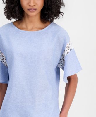 Women's Linen-Blend Flutter-Sleeve Lace-Trim Top