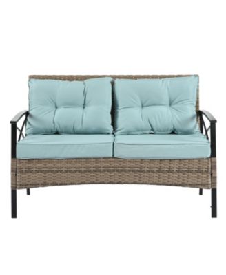 4 Piece PE Wicker Patio Furniture Set 2 Single Chairs 2 Seater Sofa with Black Metal Table Water UV Resistant Cushions