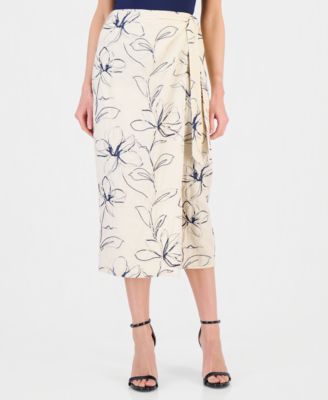 Women's Linen-Blend Embroidered Faux-Wrap Midi Skirt