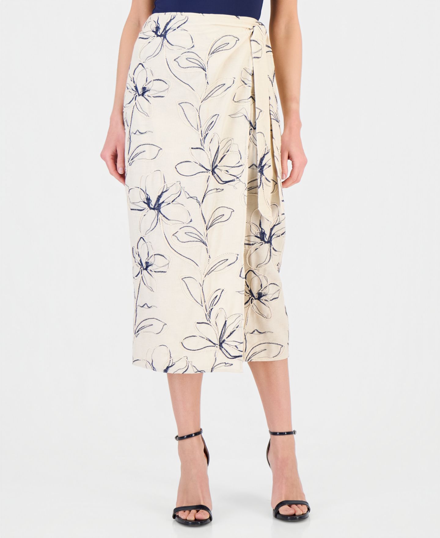 Женская юбка Anne Klein Linen-Blend Embroidered Faux-Wrap Midi, цвет: Натуральный разноцветный — фото 3