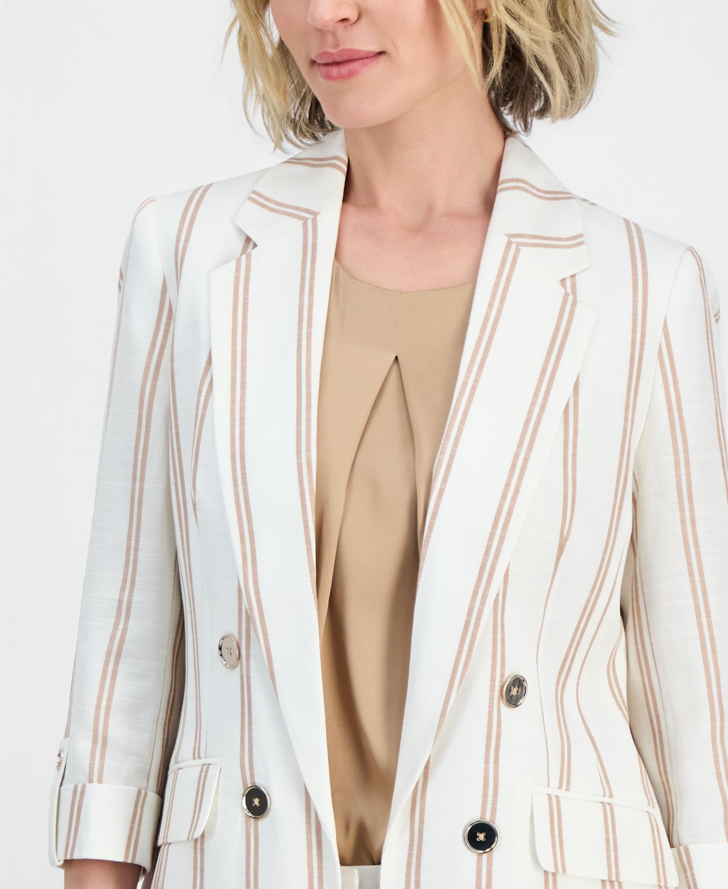 Женский пиджак Kasper Striped Linen Blend 3/4-Sleeve Double-Breasted Blazer, Regular & Petite, цвет: Ванильный ледяной — фото 8