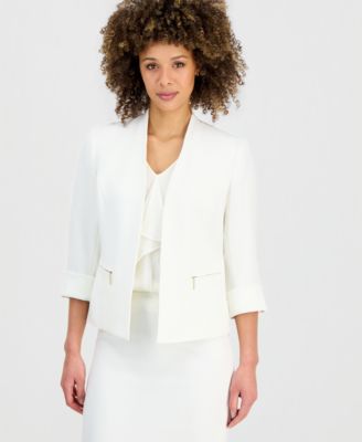 Women's Collarless 3/4-Sleeve Zip-Pocket Jacket