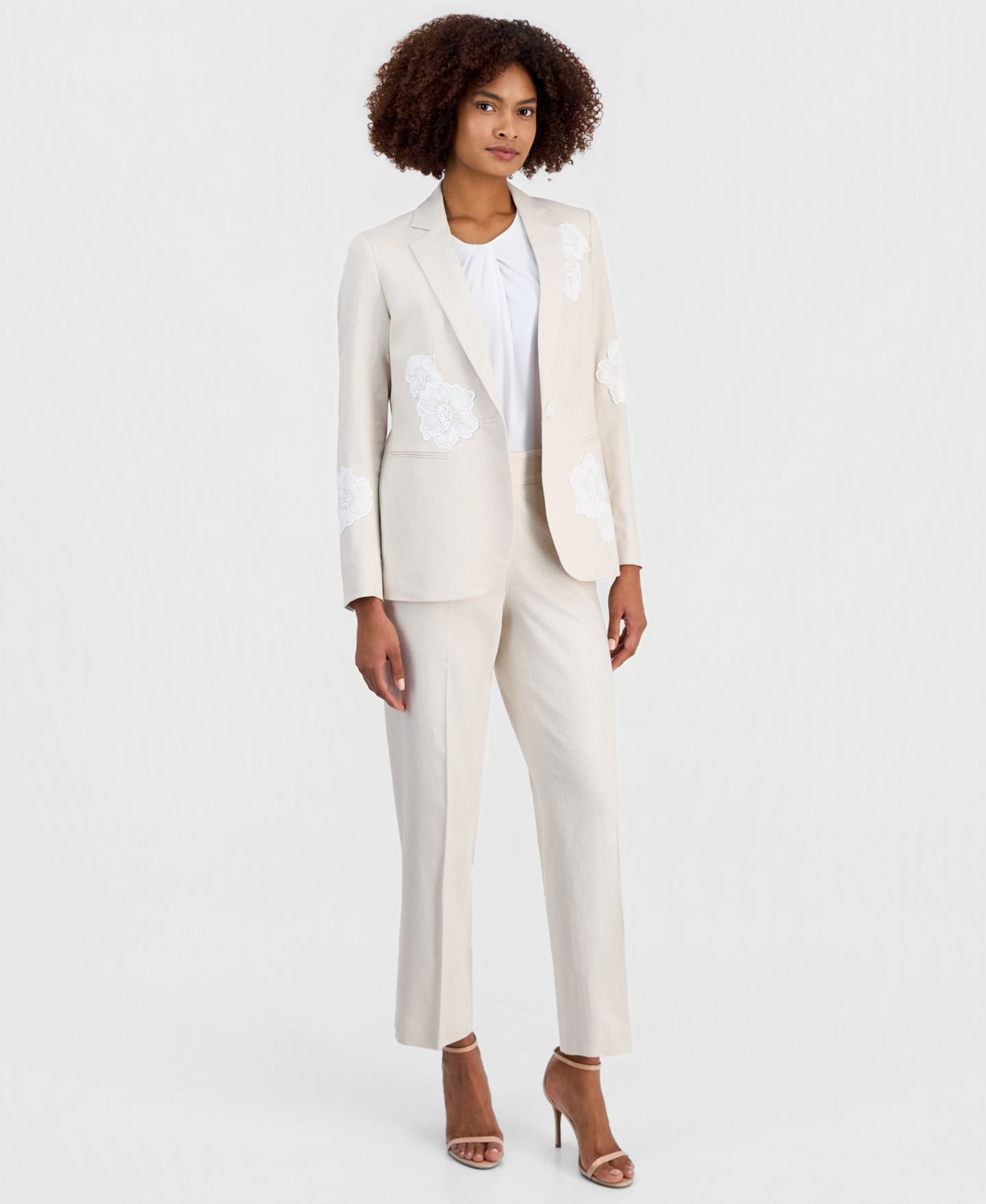 Женский пиджак Anne Klein Linen-Blend One-Button Embroidered Blazer, цвет: Натуральный / Белый — фото 2