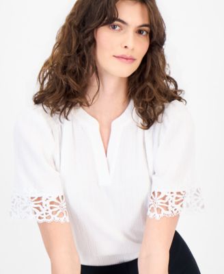 Women's Split-Neck Lace-Trim Top