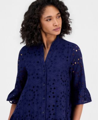 Women's Eyelet Embroidered Cotton Flare-Sleeve Shirtdress