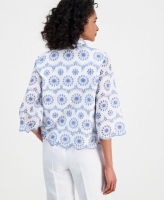 Women's Scalloped 3/4-Sleeve Eyelet Blouse