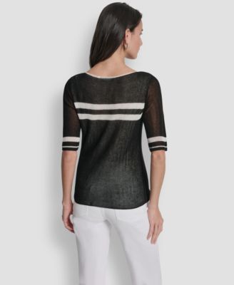 Women's Boat Neck Elbow-Sleeve Stripe Sweater