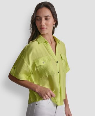 Women's Collared Neck Short Roll Tab Sleeve Shirt