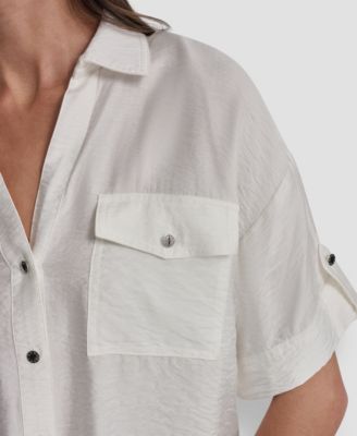 Women's Collared Neck Short Roll Tab Sleeve Shirt