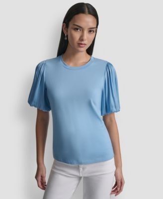 Women's Puffed Crew Neck Mix Media Knit Top