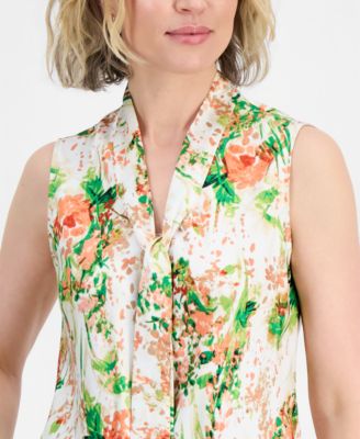 Women's Floral-Print Sleeveless Tie-Neck Top