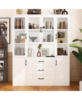 Kitchen Storage Cabinet with Glass Doors, Kitchen Pantry Cabinet with Shelves & 3 Drawers