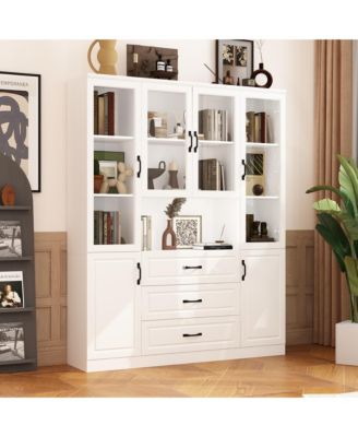 Kitchen Storage Cabinet with Glass Doors, Kitchen Pantry Cabinet with Shelves & 3 Drawers