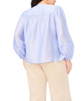 Plus Size Crewneck Pleated Front Long Sleeves Blouse