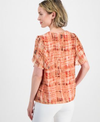 Women's Plaid Tulip-Sleeve Blouse