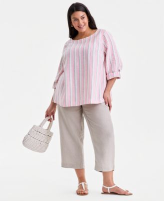 Plus Size Linen Multi-Stripe Roll-Tab-Sleeve Top