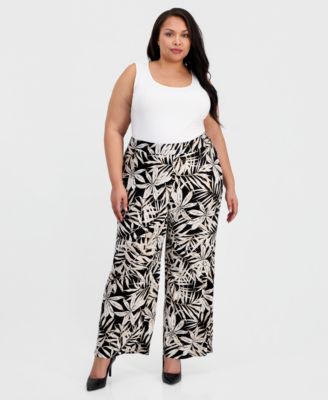 Plus Size Printed Pull-On Wide-Leg Ankle Pants 