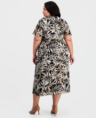 Plus Size Printed V-Neck Flutter-Sleeve Dress