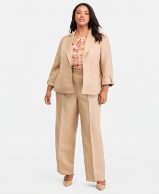 Plus Size Open-Front Seamed Roll-Tab-Sleeve Jacket