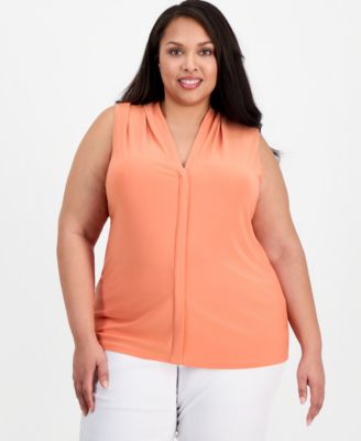 Plus Size Pleat-Neck Sleeveless Top