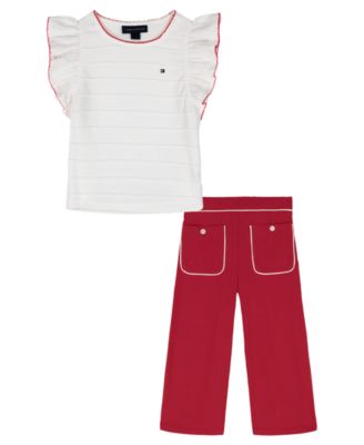 Girls' 4-6X Round Neck Top and Elastic Wide Leg Pants, 2-Piece Set