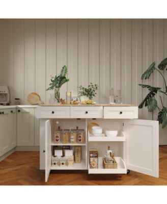 Rolling Kitchen Island with Drop Leaf Countertop, Charging Station & Ample Storage- 47.2 in Mobile Kitchen Cart On Wheels with Pull-Out Shelves