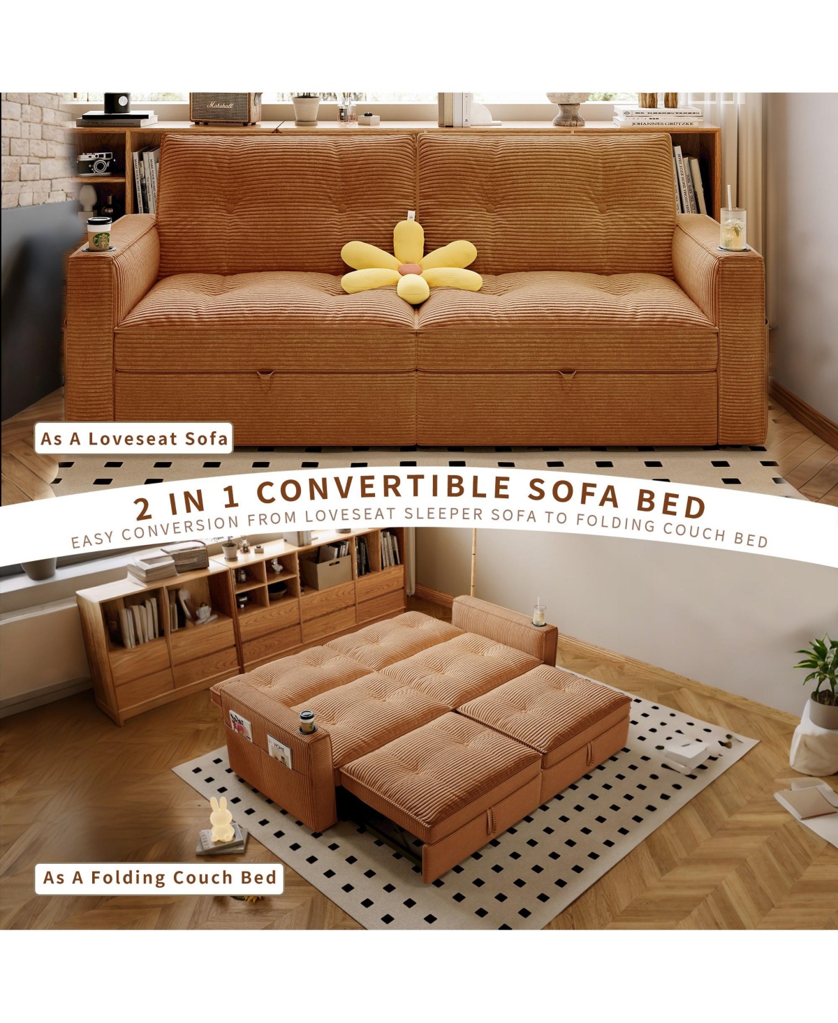 Boyel Living Multi-Functional Convertible Sofa Bed 2-in-1 Multi-Functional Pull Out Sofa Bed, Modern Corduroy Fabric Sofa Couches with Cup Holders