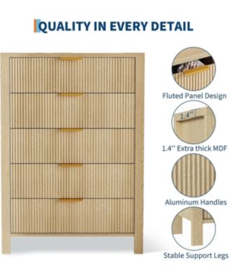 Fluted 5 Drawer Dresser, 45 Tall Slim Dresser for Small Spaces, Modern Farmhouse Wooden Chest of Drawers for Bedroom Nursery Apartment, Easy