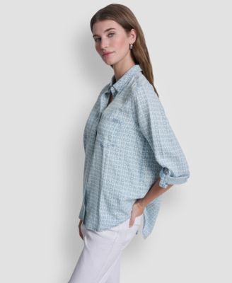 Women's Garment-Dye & Print Split-Back Button-Front Shirt