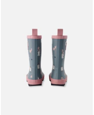Little Girls Rain Boots in Natural Rubber Green Cat Print