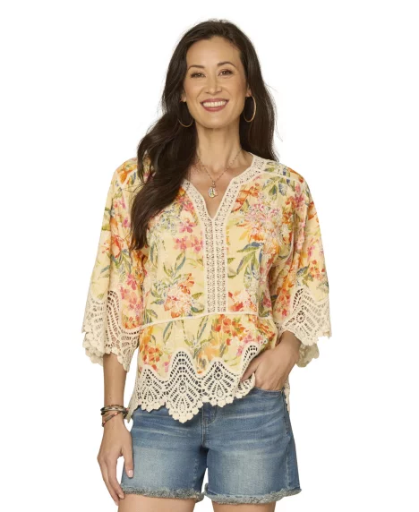 Petite V-Notch Neck Scallop Edge Top - Lemon Tangerine Multi