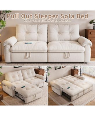 Multifunctional Sofa Bed, 77-inch Modern Velvet Fabric Convertible Sofa Couches, 2-in-1 Pull Out Sofa Bed with USB Charger, Beige