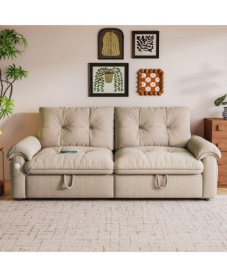 Multifunctional Sofa Bed, 77-inch Modern Velvet Fabric Convertible Sofa Couches, 2-in-1 Pull Out Sofa Bed with USB Charger, Beige