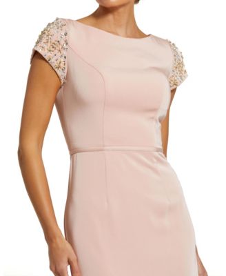 Women's Beaded Cap Sleeve Column Evening Gown