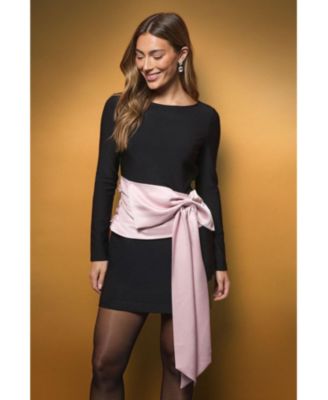 Women's Satin Bow Long Sleeve Mini Dress